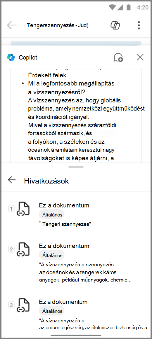 Képernyőkép a Word Copilotról iAndroid eszközön, a Copilot válaszának hivatkozásaival