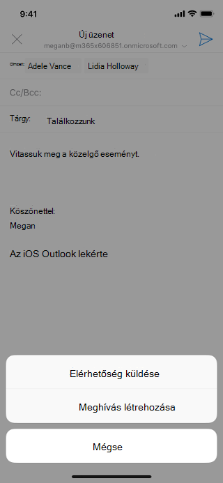 Egy iOS-képernyőt jelenít meg szürkén látható e-mail-piszkozattal, a piszkozat alatt pedig az „Elérhetőség küldése“ gombbal.