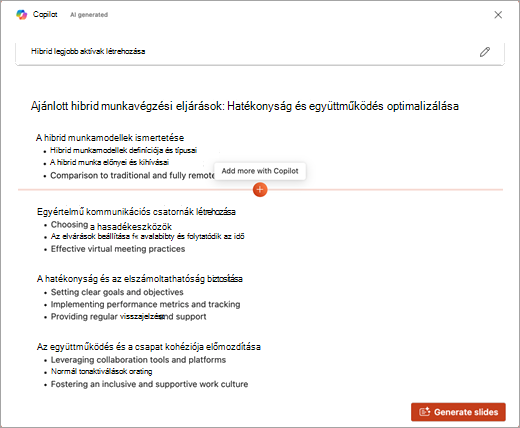 Képernyőkép a Továbbiak hozzáadása a Copilottal funkcióról a PowerPoint Copilotban.