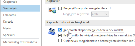 A Személyek lap a Beállítások párbeszédpanelen, a Kapcsolati állapot megjelenítése elem kiemelve