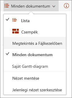 A SharePoint Online Nézetek menüje az Internet Explorer 11-ben