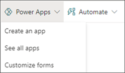 A Power Apps menü képe, az Alkalmazás létrehozása elem ki van jelölve