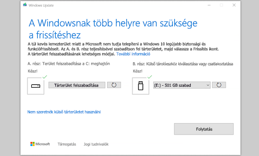 A Windowsnak több helyre van szüksége az üzenet frissítéséhez