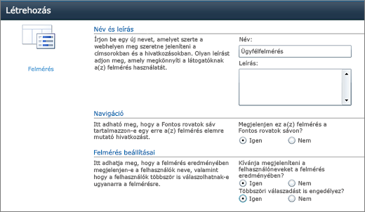 A SharePoint 2010 Felmérés beállításai lapja