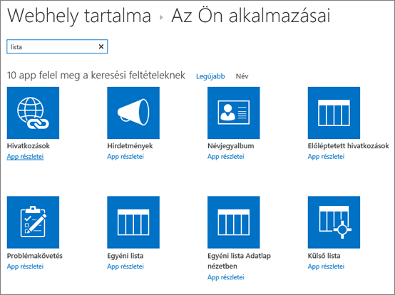 Az appok listája a Webhely tartalma lapon