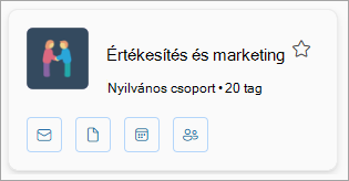 A csoportkártyákon megjelenik a csoport neve, a tagok száma, valamint az e-mailek, a fájlok, a naptár és a tagok ikonjai.