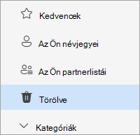 Képernyőkép a Kapcsolatok mappalistáról, amelyen a Törölt mappa van kijelölve