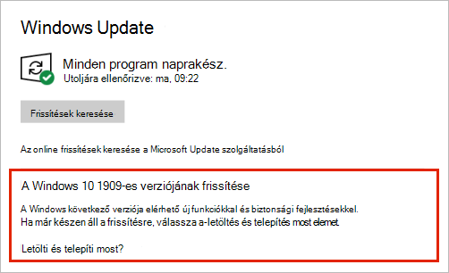 Windows Update funkciófrissítések elhelyezésének megjelenítése