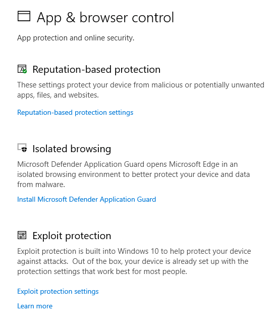 Alkalmazás- és böngészőszabályozás a Windows biztonságban
