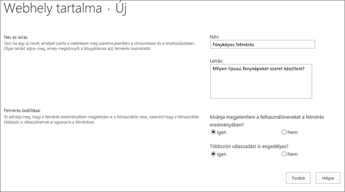 Új felmérés párbeszédpanel kitöltött szövegmezőkkel.