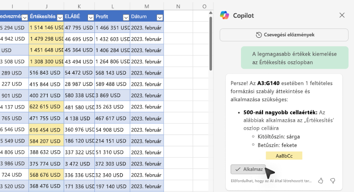 Képernyőkép az értékek kiemeléséről az Excel Copilot használatával.