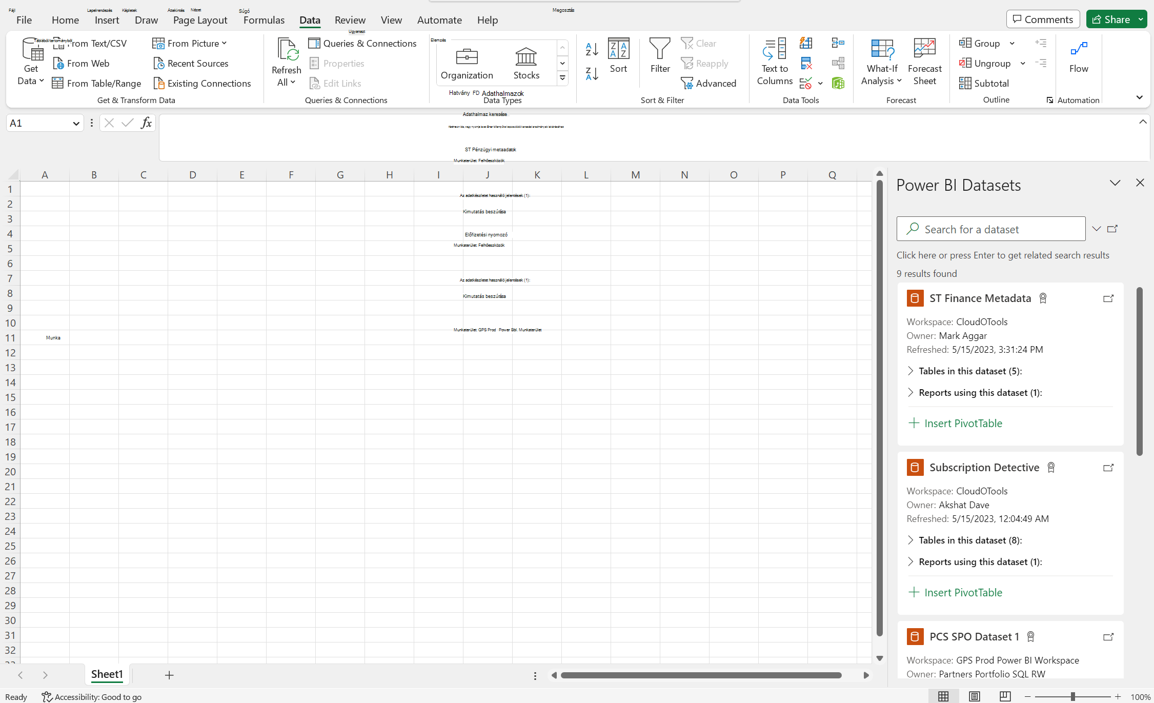 Excel Power BI-adatkészletek