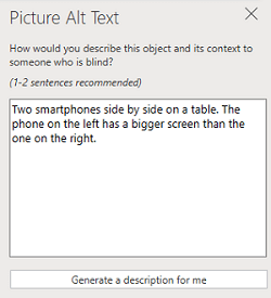 A Kép helyettesítő szöveg ablaktáblája Webes PowerPoint.