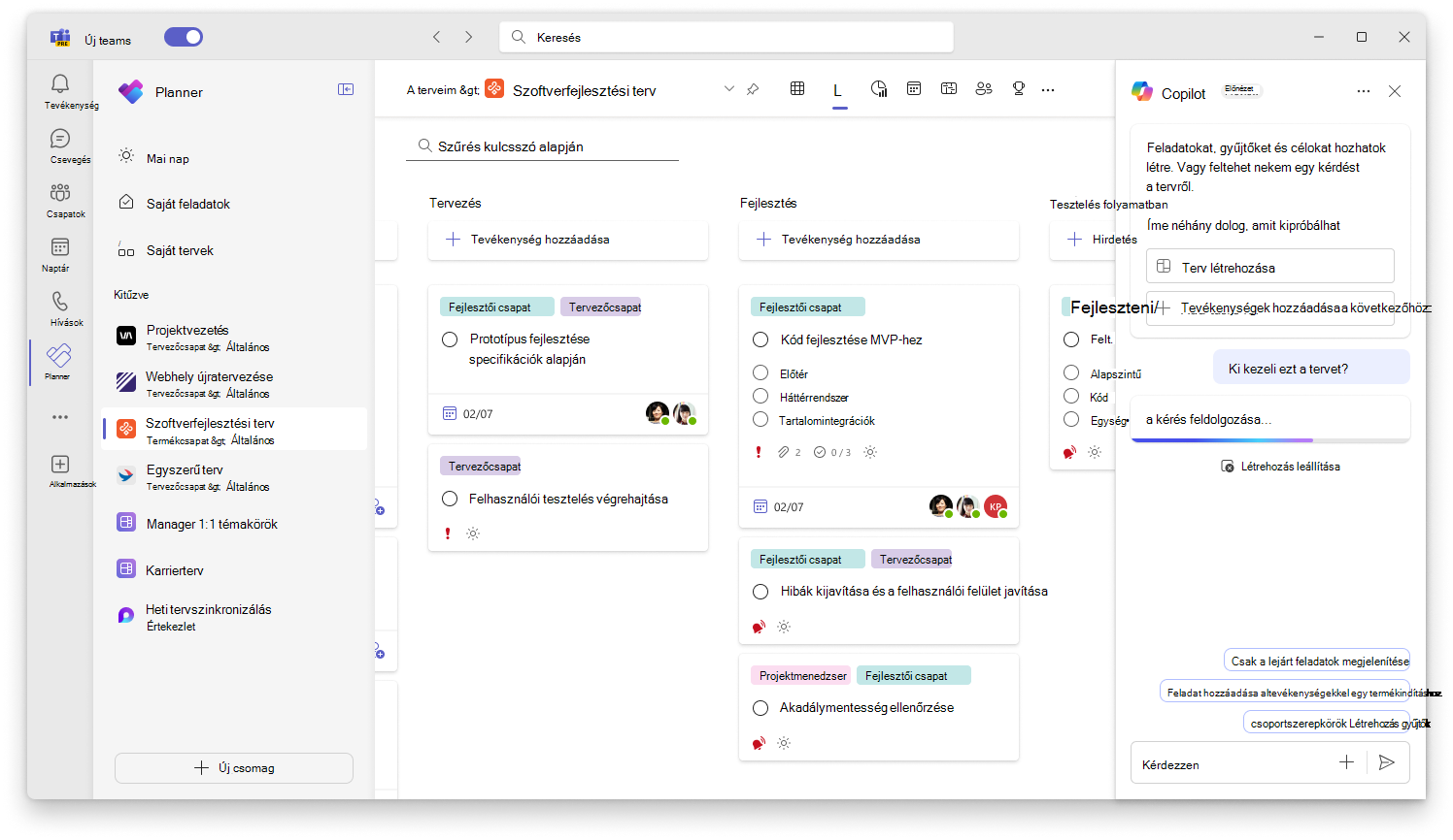 Képernyőkép, amely a Planner Copilot felhasználói felületén az előrehaladás követését jeleníti meg.