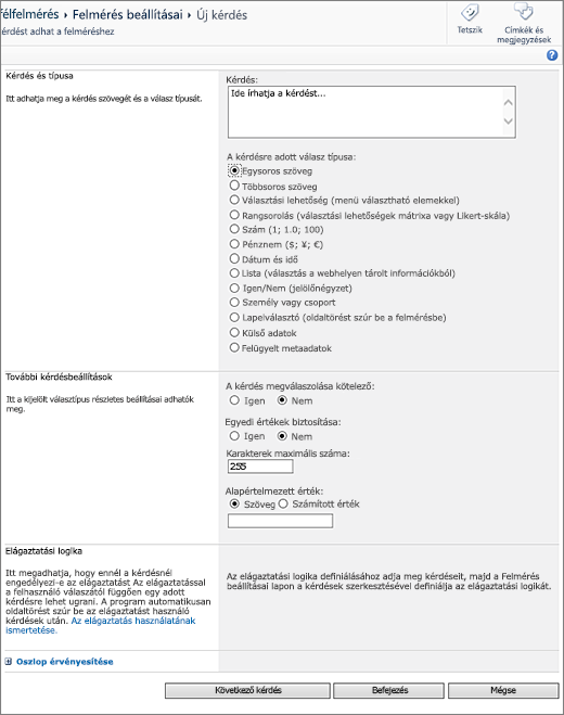 A SharePoint 2010 Új kérdés lapja