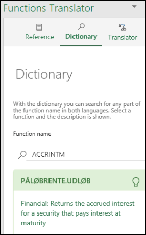 A Functions Translator Dictionary (Szótár) panelje