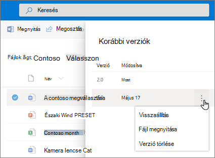 Képernyőkép egy fájl visszaállításáról a OneDrive Vállalati verzió modern felületén a Részletek ablak verzióelőzményeiből