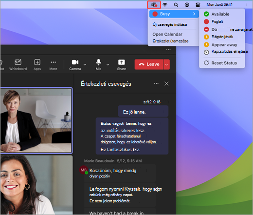 Képernyőkép a Mac Teams gyorsműveletek menüjéről.