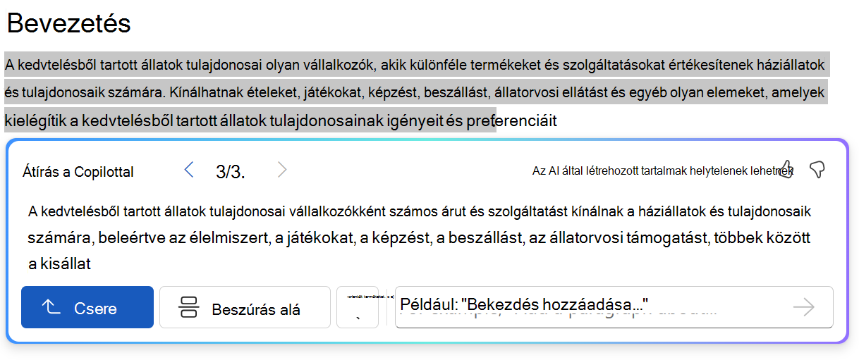 A Copilot interaktív újraírási kérésének képernyője a Word Copilotban.