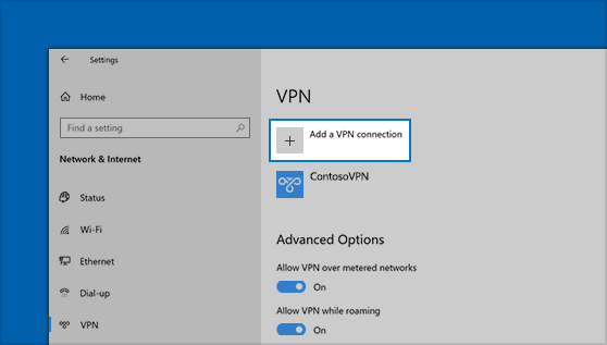 A VPN-kapcsolat hozzáadása gomb helye a Beállítások lapon