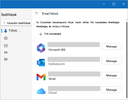 Képernyőkép a Beállítások ablakról, amelyen a Fiókok kezelése az új Outlookban lehetőség látható