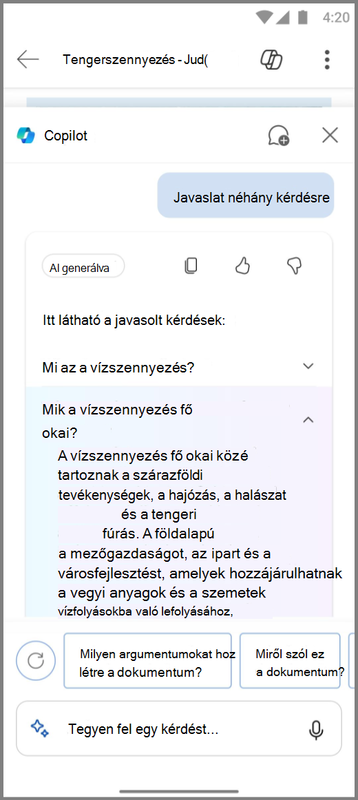 Képernyőkép a Word Copilotról iAndroid eszközön, a javasolt kérdések és válaszok eredményével