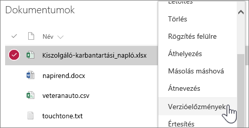 A dokumentumtár helyi menüje a kijelölt Verzióelőzmények elemmel
