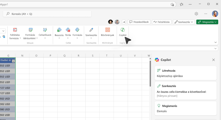 Képernyőkép a Copilot gombjának kiválasztásáról az Excel menüszalagjáról.