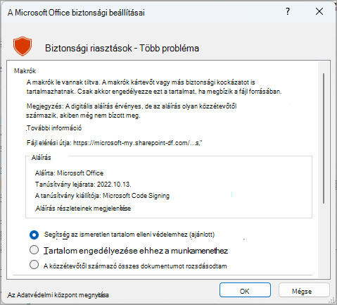 A Microsoft Excel biztonsági riasztási párbeszédpanelje