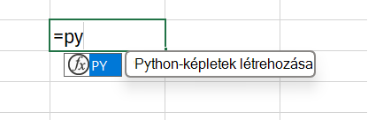 Egy Excel-képlet Automatikus kiegészítés menüje, amelyen a Python-képlet van kijelölve.