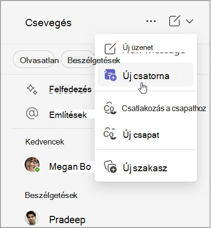 Képernyőkép a Microsoft Teams csevegéséről új üzenet, új csatorna vagy új csapat létrehozására szolgáló lehetőségekkel. Emellett csatlakozhat egy csapathoz, vagy létrehozhat egy új szakaszt.