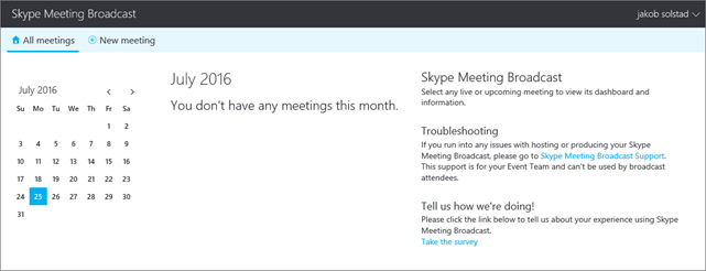 A Skype-értekezletközvetítési portál képe