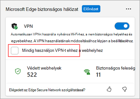 A Böngésző alapvető funkciói menüben jelölje be a Mindig használjon VPN-t ehhez a webhelyhez jelölőnégyzetet.