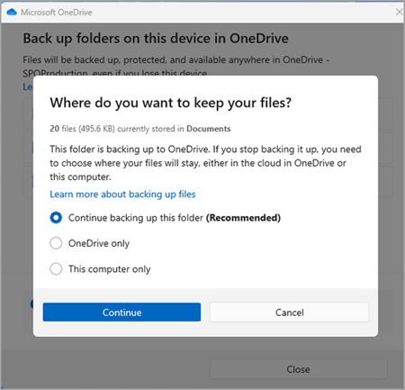a OneDrive biztonsági mentésének képernyőképe, egy harmadik verzió