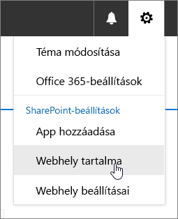 A Beállítások menü a kiemelt Webhely tartalma elemmel
