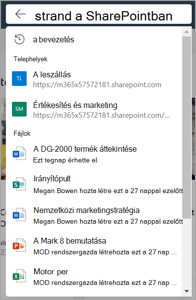 Microsoft SharePoint keresőmező kibontott legördülő listával, amikor a fókusz a keresőmezőre kerül.