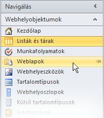 A SharePoint Designer 2010 alkalmazásban megnyitott webhely