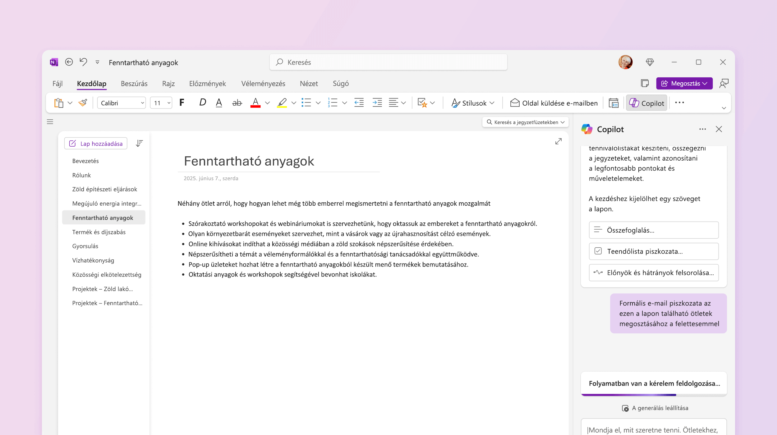 Képernyőkép arról, ahogy a Copilot egy tervet vázol fel a OneNote-ban.