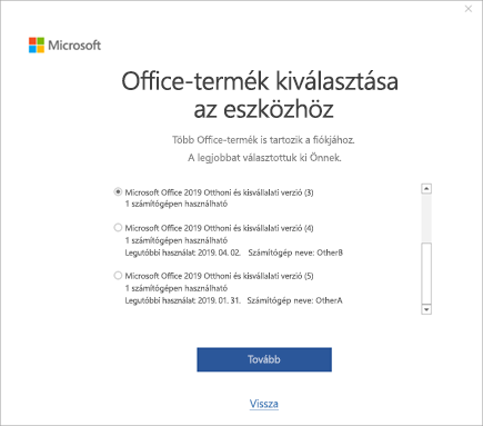 Képernyőkép az Office kiválasztása az eszközköz ablakról