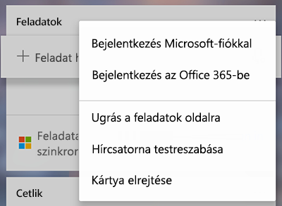Képernyőkép a Microsofttal vagy az Office 365-be való bejelentkezés lehetőségéről a további feladatok karton egyebek menüben
