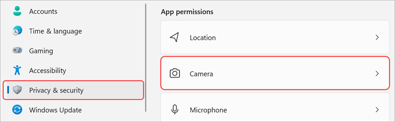 Windows-beállítások a kamera felhasználói felületének kiemelésével.