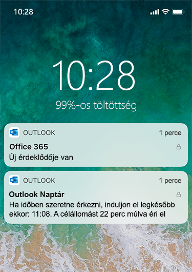 Egy kép az Iphone zárolt képernyőjéről Outlook-értesítésekkel, amely nem jelenít meg részletes információkat, csak hogy új üzenet érkezett.