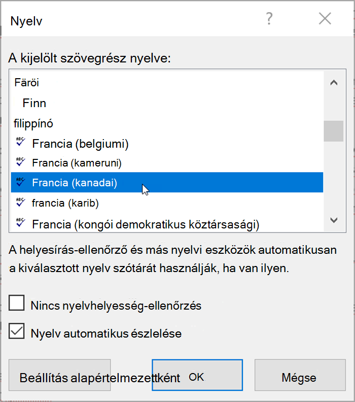 Képernyőkép a Wordről. Az előugró ablak listázza a választható nyelveket. Az "Automatikus nyelvfelismerés" jelölőnégyzet be van jelölve. 