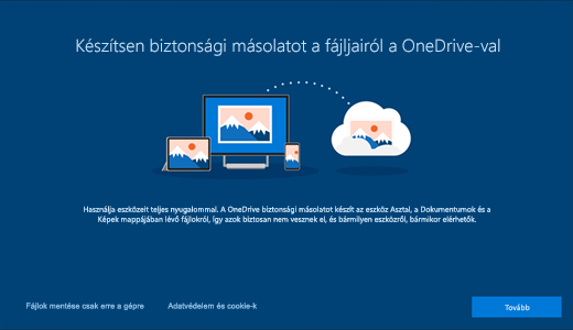 Képernyőkép a Windows 10 első használatakor megjelenő OneDrive lapról