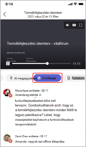 Név említések megtekintése a Teams-értekezlet összefoglalójában.