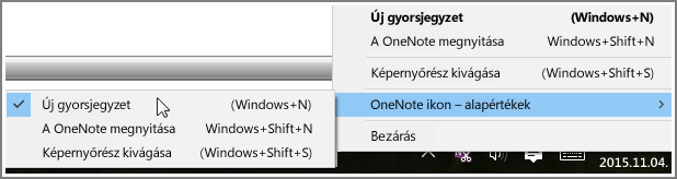Képernyőkép a rendszer tálcáján megjelenő OneNote-beállításokkal.