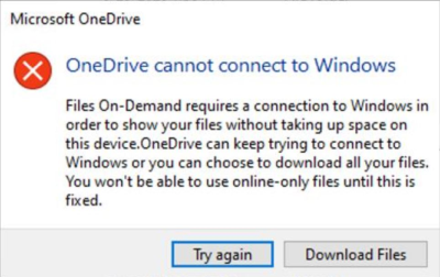 Képernyőkép a OneDrive problémáról