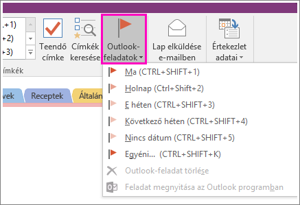 Képernyőkép a OneNote 2016 Outlook-feladatok gombjáról