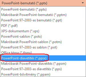 A PowerPointban a fájltípusok listája tartalmazza a "PowerPoint Show (.ppsx)" parancsot.