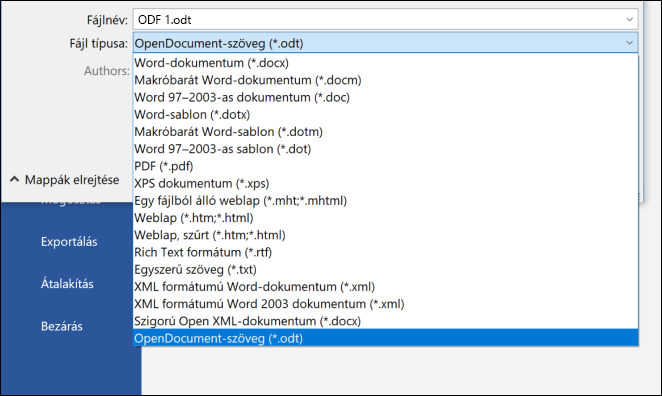 A Word fájlformátumainak listája kiemelt ODT-fájlformátummal
